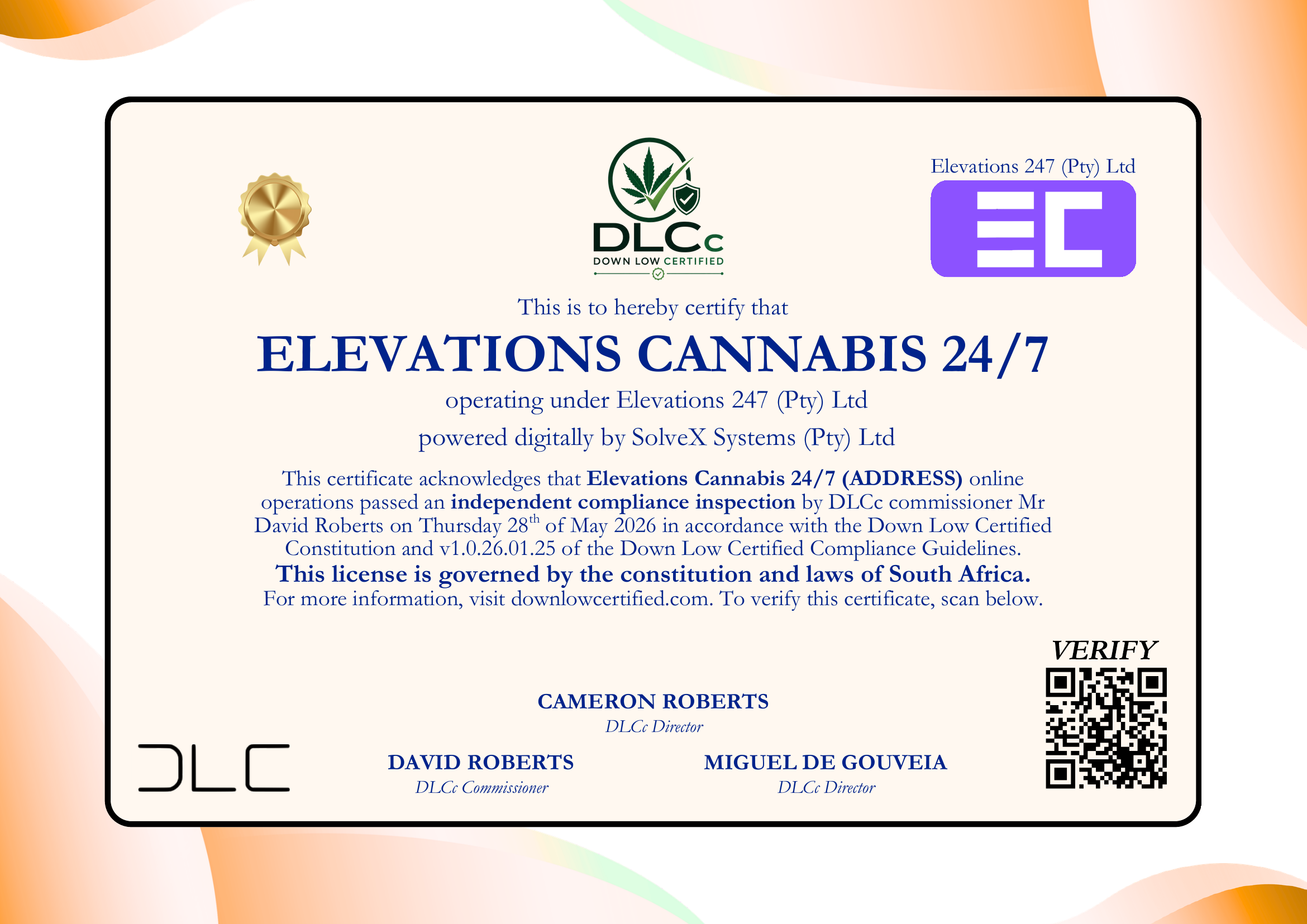 Down Low Certified certificate — Elevations Cannabis 24/7, inspected 28 May 2026