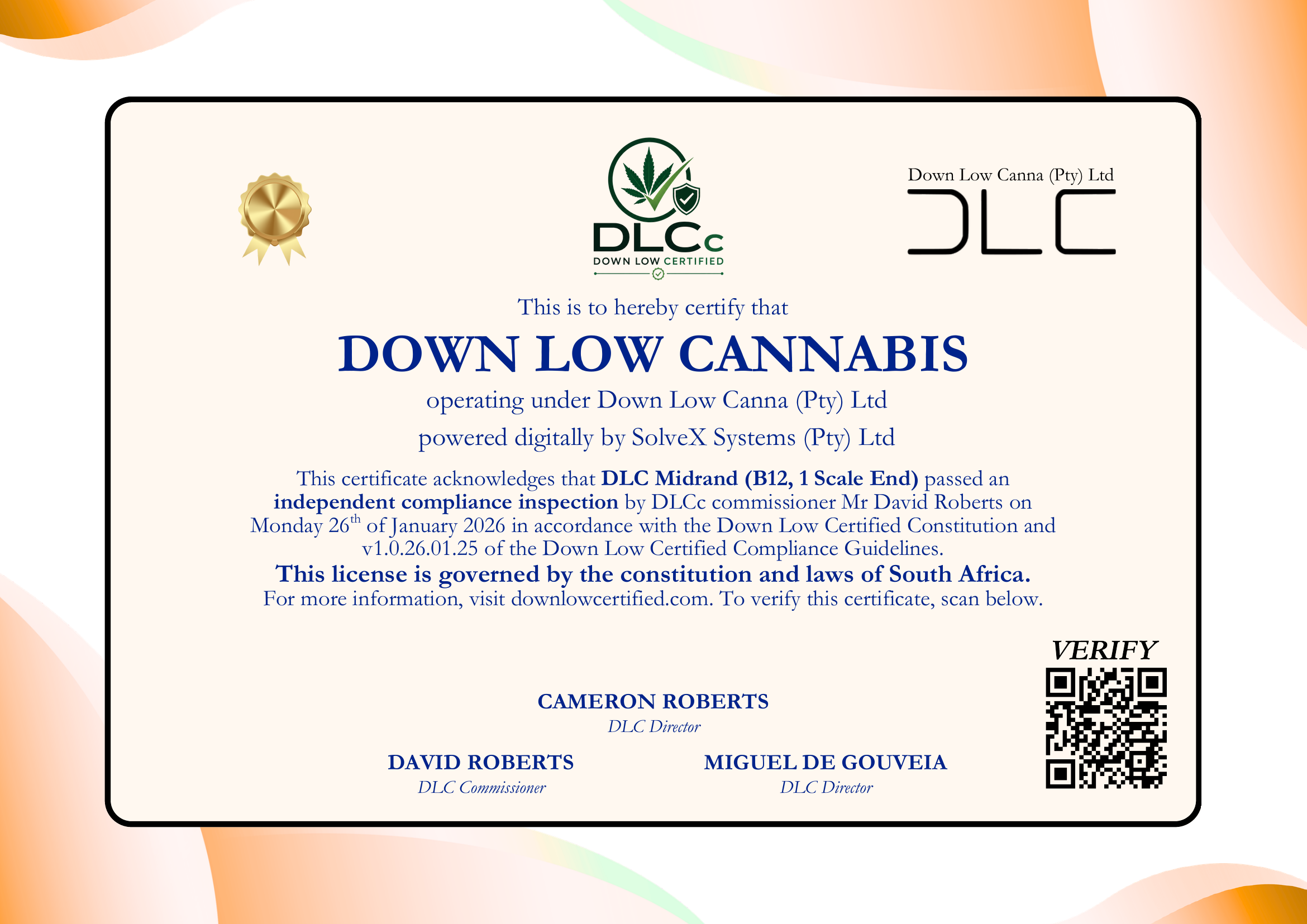 Down Low Certified certificate — Down Low Cannabis, DLC Midrand, inspected 26 January 2026